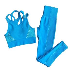 2 sztuk Ultra Seamless Yoga Zestaw Kobiety Sport Bra + Trening Fitness Legginsy Sportswear Krótki Rękaw Crop Top Koszulki Siłownia 220330