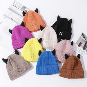 Berets Cute Cow Horns Wool Hat Letter N Knitted Ear Protect Warm Autumn Winter For Boy Girl Xmas Halloween Year PartyBerets