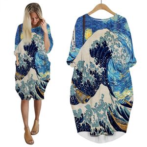 Ukiyoe Kanagawa Surfing Dress 3Dプリント長袖のスカート