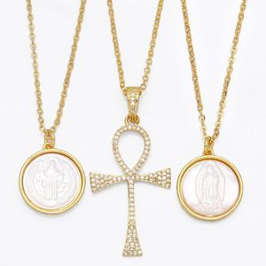 Colares de pingentes colar cruzado de corrente de ouro para mulheres cobre zircão redondo casca de jóias cristãs nkeb070Ping