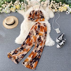 Bohemian Floral Two Piece Set Women Sexig Slash Neck Spaghetti Strap Short Topps + High midje breda benbyxor PLEATED 2st Suit 220509