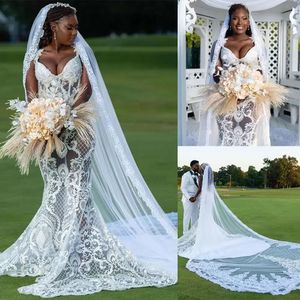 African White Lace Mermaid Bröllopsklänningar Se igenom Boho Brudklänningar med slöja 2022 Vår Fashion Vestido de Novia