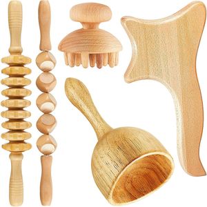 5pcs Wood Therapy Massage Tool Lymphatic Drainage r Anti Cellulite Fascia Roller for Full Body Muscle Pain Relief 220318