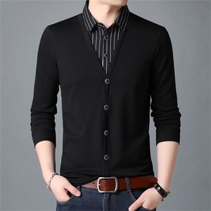 BROWON Mode Patchwork Gefälschte Zwei Designer Männer T-Shirt Langarm Gestreiften drehen-unten Kragen Männer Übergroße T Shirt Kleidung 220408