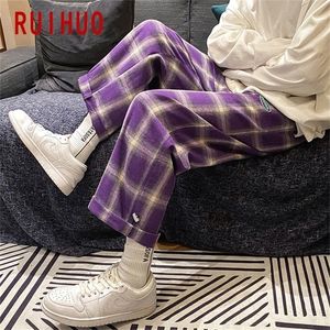 RUIHUO Pantaloni scozzesi da uomo casual Harajuku Abbigliamento da uomo Pantaloni a quadri viola Pantaloni a quadri stile coreano alla caviglia 220726