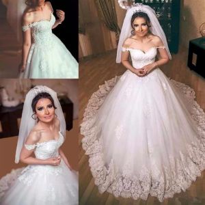 Gorgeous Wedding Dresses Bridal Ball Gown Lace Applique Off The Shoulder Spaghetti Straps Sweep Train Custom Made Plus Size Vestido De Novia 403