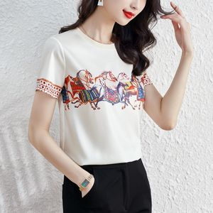 Damen Designer Vintage T-Shirt Sommer Kurzarm Damen Casual T-Shirt Büro Damen V-Ausschnitt T-Shirt Korean Chic Bedruckter Stoff Mädchen Seide Top Grafik T-Shirt