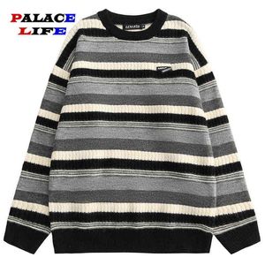 Harajuku 2022 Autumn Fashion Casual Pullovers Outwear Men Long Sleeve Knitted Jumper Sweaters Hip Hop Striped Streetwear T220730