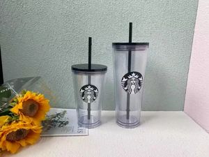 Starbucks muggar 24oz 710 ml plastkoppar Återanvändbart dubbelskikt transparent kaffe platt halmkolonn täcker bdian cup mjölk tecup 0524