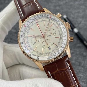 B01 46MM New Quality Navitimer Watch Chronograph Quartz Movement Yellow Gold Case Limited Silver Dial 50TH ANNIVERSARY Men Watch Leather