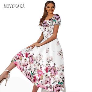 MKAKA 3D Flowers Print Dresses Women Elegant Slim Square Collar Short Sleeves Dress Beach Vestidos Spring Summer Long Dresses L220530