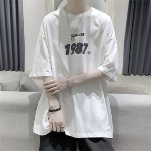 HYBSKR Summer Men's T-shirt Oversized Casual Male Top Tees Hip Hop Loose T Shirt Men 1987 Graphic Pure Cotton Clothing 220401
