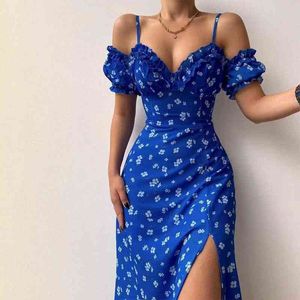 Sexy Corset Cold Shoulder Print Dress Women 2022 Summer V-Neck Ruffles Split Floral Sundress Vacation Spaghetti Straps Vestidos Y220526