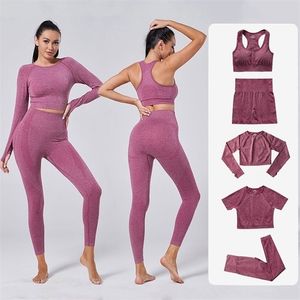 2/3/5PCS Women Seamless Yoga Set Gym Clothing Tracksuit Long Sleeve Crop Top Sportswear High Waist Leggings Fitness Sports Suits 220513
