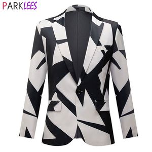 Black White Geometric Print Suit Blazers Men Brand One Button Notched Lapel Suit Jacket Blazer Men Wedding Party Tuxedo 3XL 220815