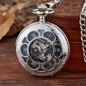 Pocket Watches Vintage Silver Mechanical Hand Wind Blue Roman Numeral Dial Flip Watch Men Clock With Fob Chain