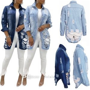 Women Jeans Jackets Designer Autumn And Winter Long Sleeve Hole Denim Coat Female Fashion Casual 3XL Plus Size Clothing