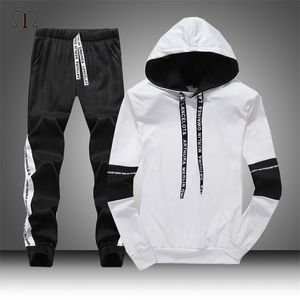 Branco Preto Homens Hoodies Set Moda Outono Marca Casual Tracksuit Mens Set Sports Two Piece Patchwork Hoodie Pant Masculino Terno 201128