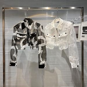 New fashion women's turn down collar letter print gauze sexy perspective long sleeve short jacket coat