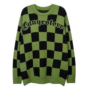 Men Hip Hop Knitted Jumper Sweaters Vintage Checkerboard Jacquard Streetwear Harajuku Autumn Hipster Casual Loose Pullovers 2022 T220730