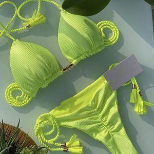 Kvinnors badkläder sexig gul triangeldesign Bikini Push Up Swimsuit Women Luxury Rib vadderad Set Brasilian Bathing Suit S-Xlwomen's