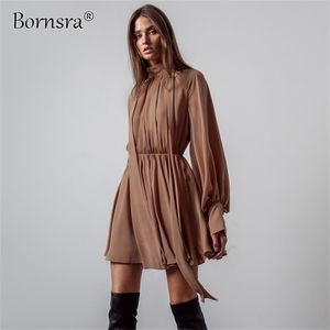 Bornsra jesień łuk węzeł spódnica szyfonu brytyjski styl wysoki talia szczupła krótka spódnica kobiety A-line regularne sukienki dla kobiet 220317