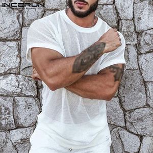 Camiseta Masculina O Neck Manga Curta Mesh Transparente Sexy Tee Tops Streetwear Férias Respirável Festa Roupas Masculinas INCERUN 220407