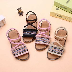 Estilo Sandals Sandals Girl's Summer Borla Crianças Sapatos Elastic 26-36 Aberto Toe Tecido de Algodão Sandália para Menina