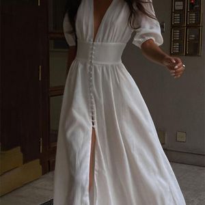 Claceve White Sexy Single Bered Women S sukienka Elegancka krótkie rękaw V Party Es Lady Casual Slim Midi 220613
