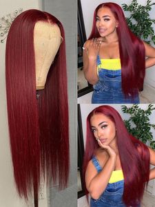 99j burgundy straight 13x4 transparent lace front human hair wigs 180 density virgin for black women