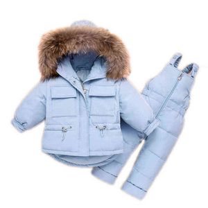 2st Winter Children Down Jacket Lång ärm med stor päls hoodie jacka svarta byxor fast färg snö barn mode nyfödda baby jumpsuit j220718