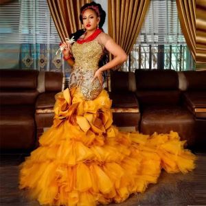 New!! Gold Mermaid Aso Ebi Evening Dresses O Neck Short Sleeve Tulle Ruffles Tiered Special Occasion Gown Sequin Appliques Prom