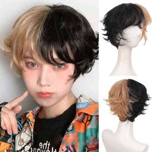 Short Pix Cut Straight Black White Yellow Half Cosplay Anime Costume Halloween Wigs Synthetic Hair with Bangs for Men Boy Women 220622