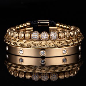 3 pçs Luxo Micro Pave CZ Contas Redondas Royal Charm Men Link Bracelets Aço Inoxidável Cristais Bangles Casal Jóias Artesanais Presente