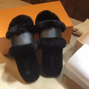 women furry slippers fur slides sandal lock it Print Flat slipper Chain Ladies Casual Shoes Flip Flops with box 4-11 NO44