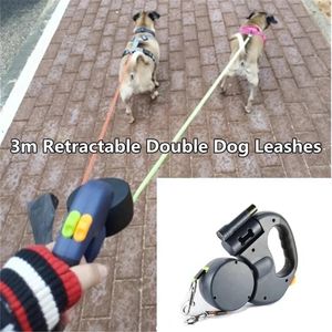 Dog Collars & Leashes Retractable Double 3m Dual Rope For Two Adjustable Pet Leash With Light Jogging/Walking Dogs Train Tools