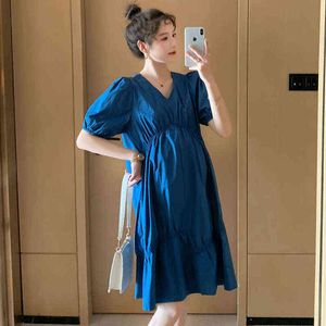 Maternity Summer Dress Short Sleeves V Neck Puff Sleeves High Waist Pregnant Women Cotton Dress Loose Pregnancy Clothing Wholesale J220628