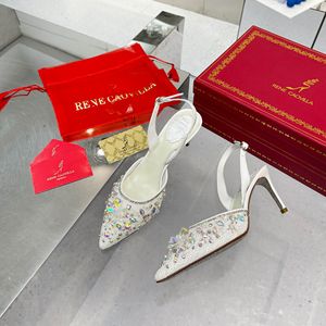 Rene Caovilla Crystal-embellished Shoes Hina Lace 포인트 발자국 슬링 백 펌프 스틸레토 샌들 여성 LA 럭셔리 디자이너 드레스 신발 저녁 샌들 공장 신발