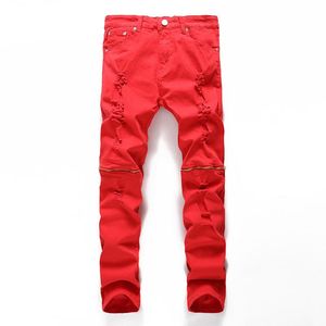 Mäns jeans denim långa fyra säsong förstörda hål röda blixtlås regelbundet fit casual stretch byxor stora sizemen's