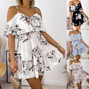 Casual Dresses Sexy Spaghetti Strap Off Shoulder Floral Print Mini Woman Dress 2022 Summer White Ruffles Ladies For Women Robe