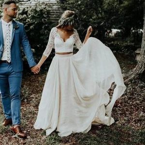 Duas peças vestidos de casamento de renda com sete minutos de mangas compridas chiffon simples bonito jardim praia vestidos de casamento