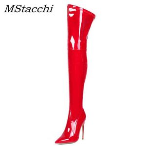 Mstacchi نساء فوق ركبة أحذية عالية امرأة براءة اختراع جلدية تمتد كعب مثير السيدات مدببة إصبع القدم رقيقة بوتاس mujer 220729