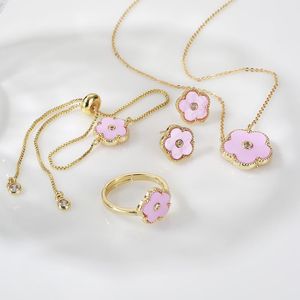 Link Chain Solid Five Leaf Flower High Quality Necklace Bracelet Ring Earrings Women Jewelry Set Sweet Romantic Couple GiftLink