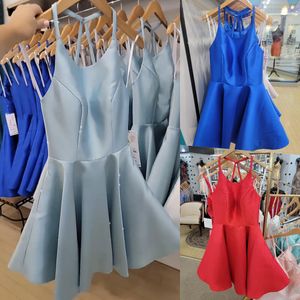 Vestido de regresso a casa A-line 2023 Vermelho prateado azul claro de cetim macia Lady Lady Evento Formal Vestido Halter Halter Neck Club Night Night Hoco Gala Straps Back Alyce Designer 2K23 Custom