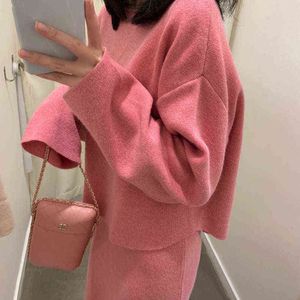 ZAWFL Elegant Ladies Solid Sweater Skirt 2 Piece Set Women Fashion O Neck Long Sleeve Knitted Pullovers Skirt Suits Winter T220729