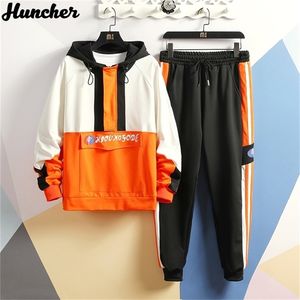 Huncher Tracksuit Men Sets Mens Fashion Hip Hop Streetwear Patchwork Bluza z kapturem Side Striped Sweatpants Sportswear Men Suits 201210