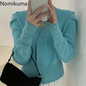 Nomikuma Autumn Women Knitwear Coat Korean Puff Long Sleeve V-hals Slim Short Sticke Cardigan tröja Jacka 6C490 201222