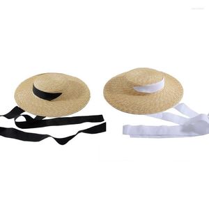Szerokie brzegowe czapki kobiety duże płaskie słomce słomiane słoneczne czapkę długą wstążkę dyskietką WEND22