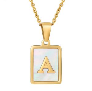 Trend 18K Golden Chain Necklaces Male Square Natural Shell Initial Letters Pendant Stainless Steel Jewelry for Women Gifts