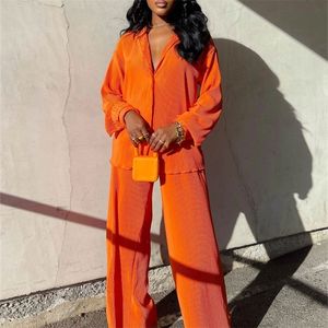 CM.yaya Street Women's Set Long Sleeve Shirt Tops and Wide Leg Pants Elegant Tracksuit Two Piece Set Sweatsuit Fitness Outfits 220621